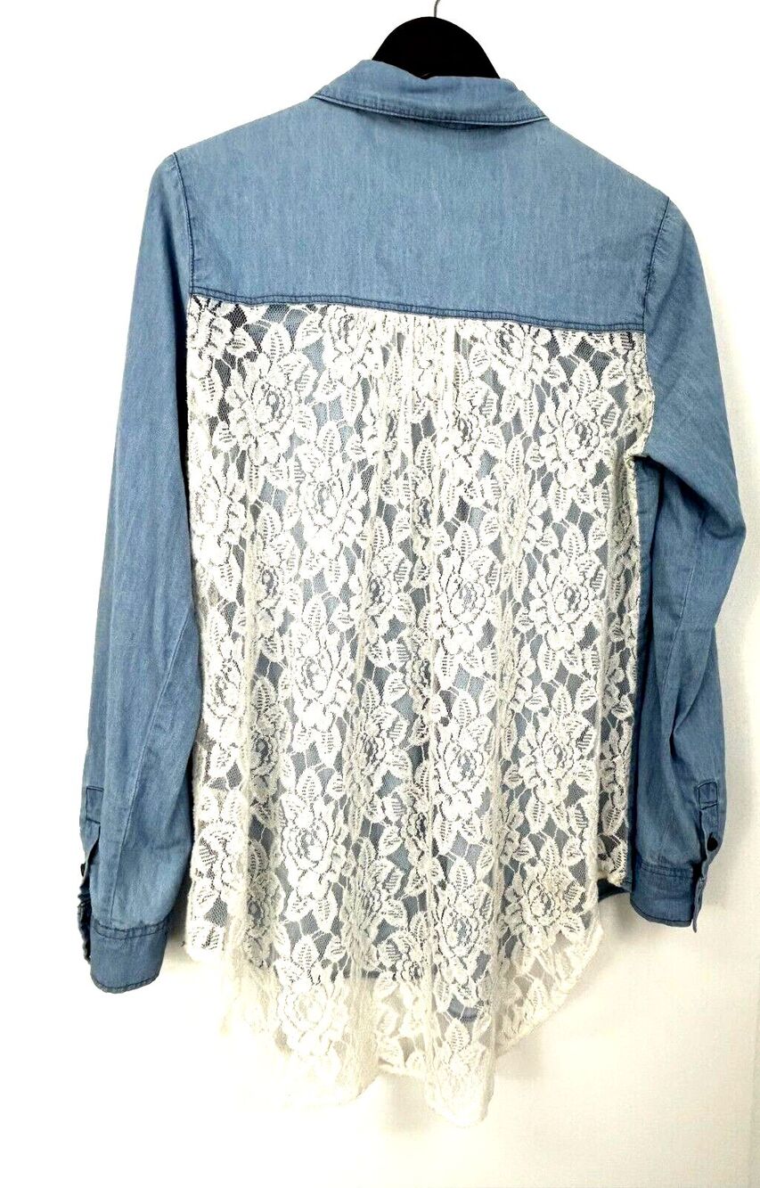 Wishful Park Size L Blue Chambray Button Up Blouse Lace Roll Tab Sleeve Top U3 - Picture 7 of 13